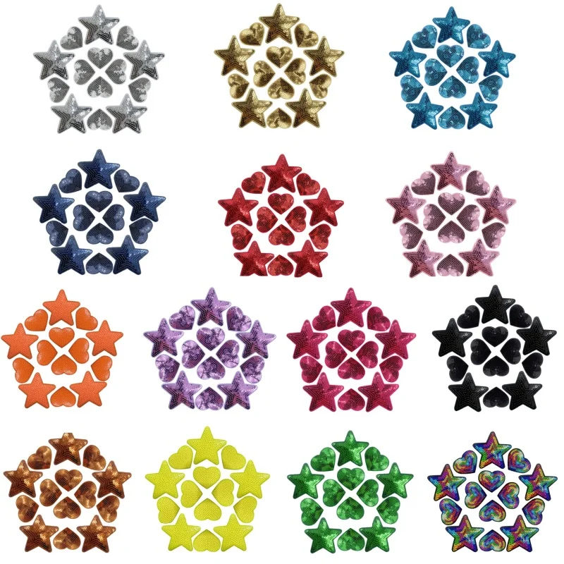 14 Stück/Set Pailletten-Stern-Aufnäher zum Aufbügeln, Herz-Stickerei-Patches, DIY-Applikationen in Leuchtenden, Lebendigen Farben für Kleidung – Detail 1