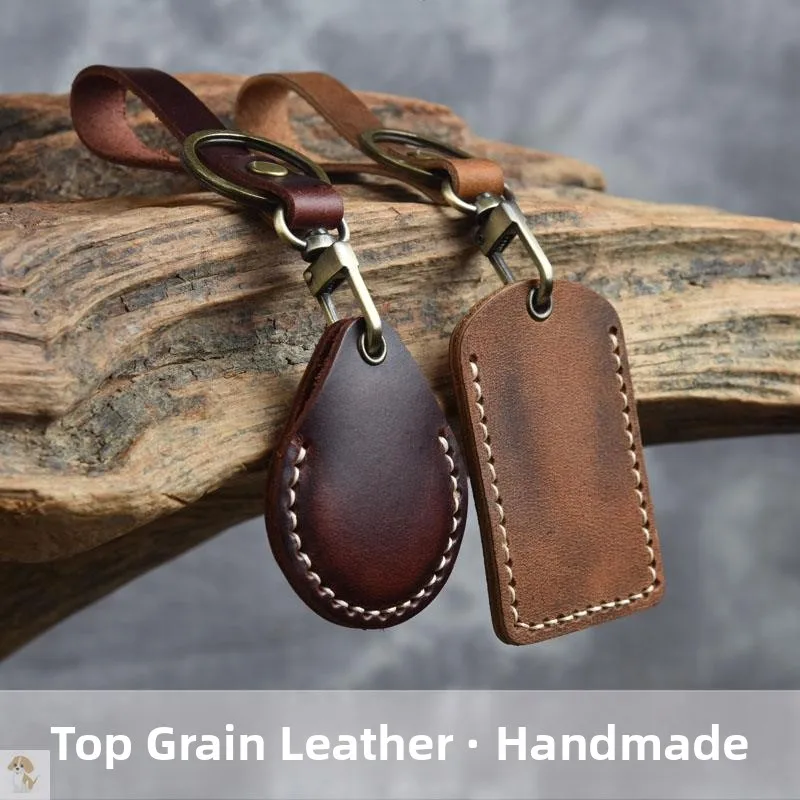 Handcrafted Top Layer Cowhide Leather Access Control Card Holder Keychain round Shape IC Card Bag Drop Shipping Family Storage