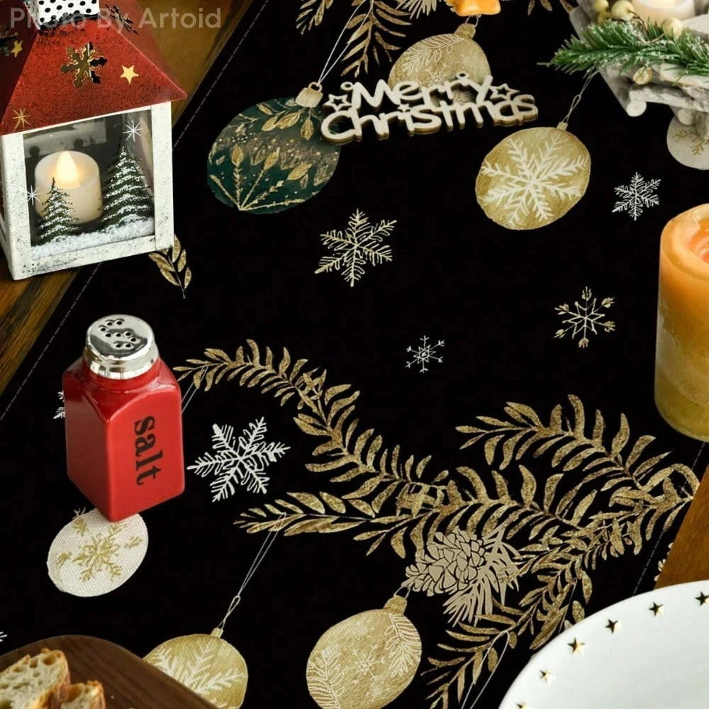 Christmas Tree Gold Black Table Runner Festive Ornament Pattern Table Decor for Holiday Dining Party Decor Luxury High Quality