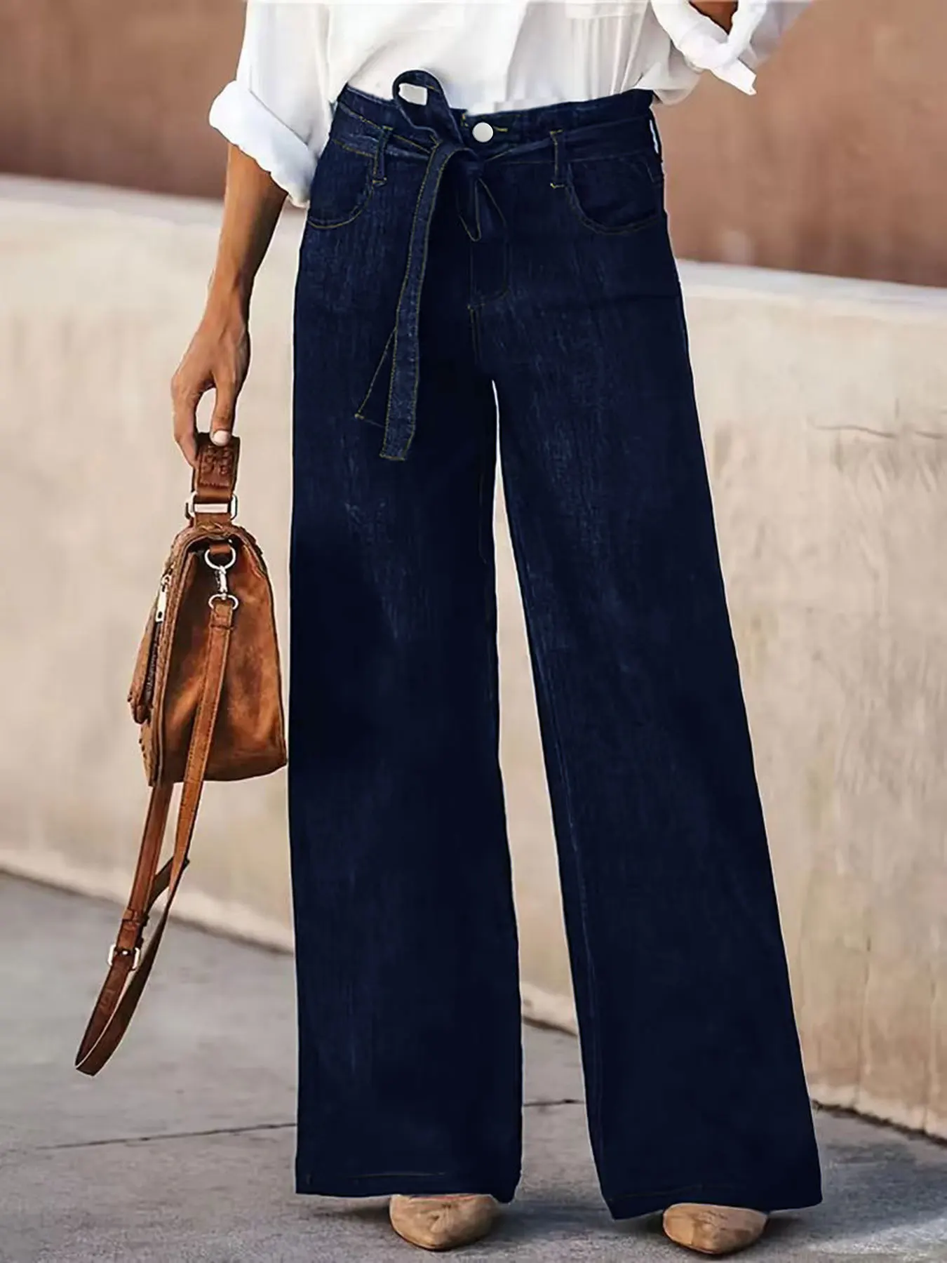 

Vintage Deep Blue Tie Waist High Rise Wide Leg Women's Jeans Pants Long Straight Loose Hanging Slim Floor Length