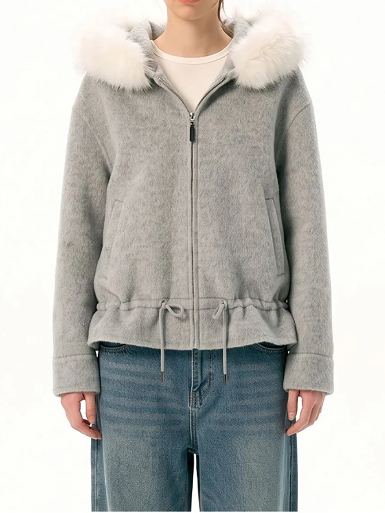 Large fur collar hooded double-sided wool coat, 2026 autumn-winter new style elegant and fashionable warm women's coat
