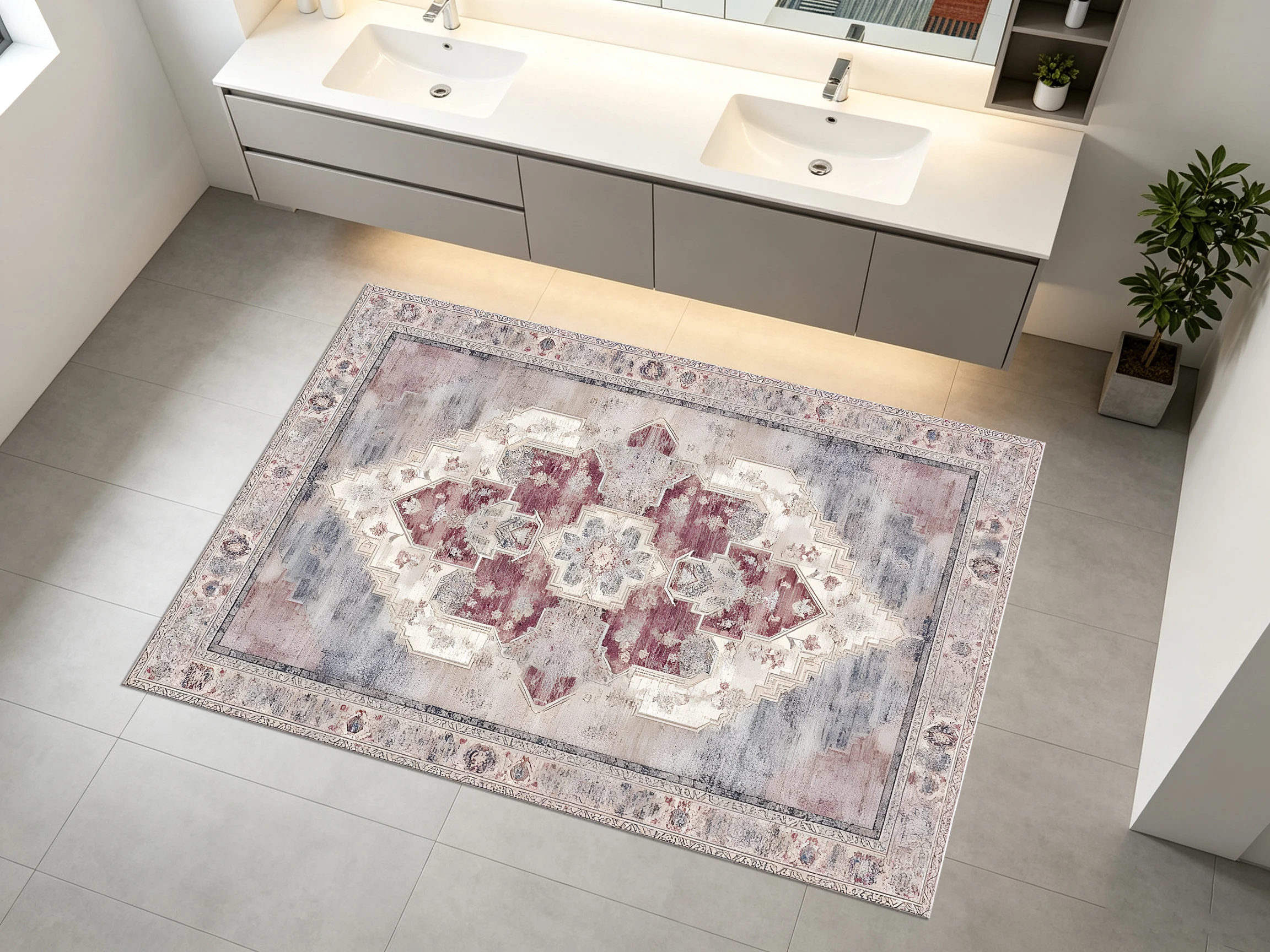 Vintage Persian Patterned Velvet 2D Rug, Grey-Pink Retro, Soft to the Touch, for Living Room & Bedroom, Enhances the