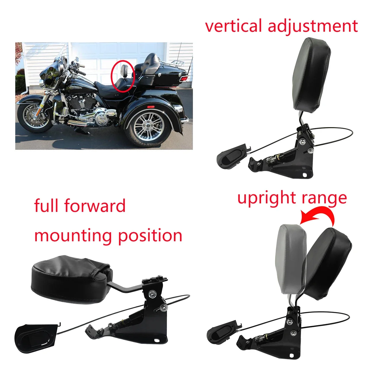 Motorcycle Adjustable Rider Driver Backrest with Pad For Harley Touring CVO FLHR Road Street Electra Glide Ultra Limited 2009-24