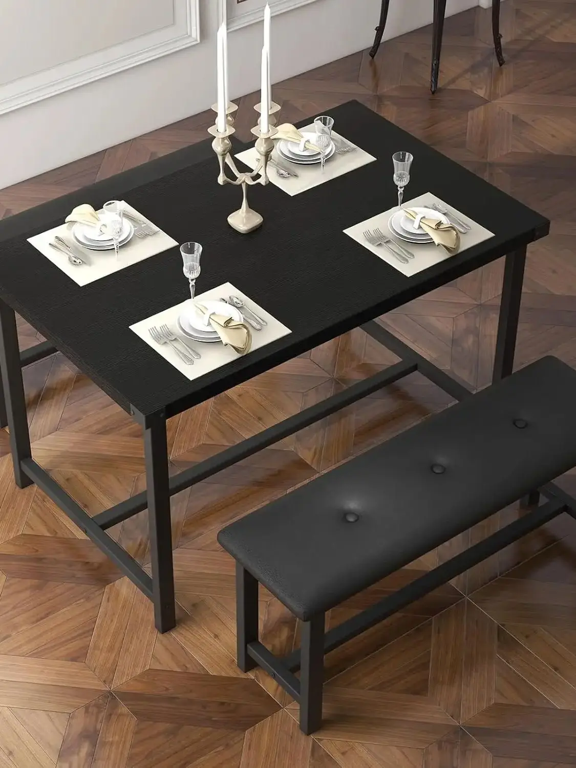 UK Dining Table Set for 4, Small Kitchen Table Set with 2 Upholstered Bench, 3 Piece Farmhouse Rectangular Dining Room Table Set