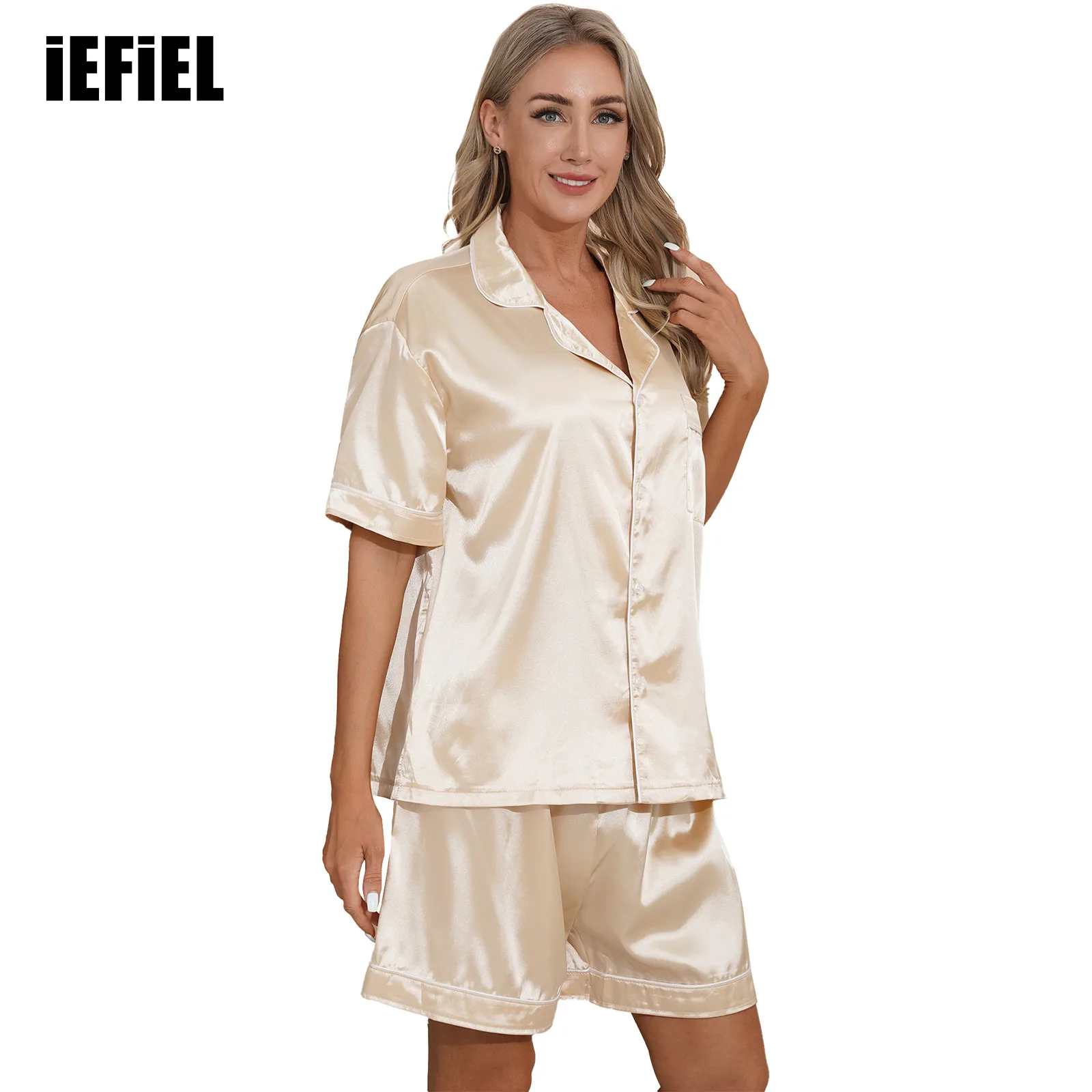 

Womens Silky Satin Pajamas Set Notch Collar Short Sleeves Button Down Shirt Top with Elastic Waist Boxer Shorts for Sleepwear