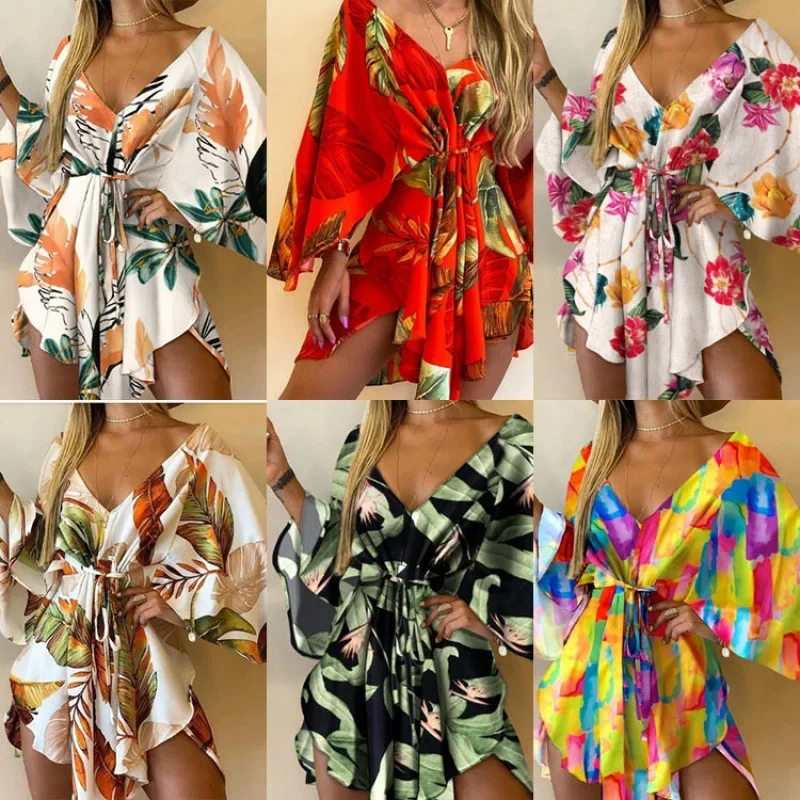 

2025 New Summer Beach Elegant Women Dresses Sexy V Neck Lace-up Floral Print Mini Dress Casual Flared Sleeves Ladies Party Dress