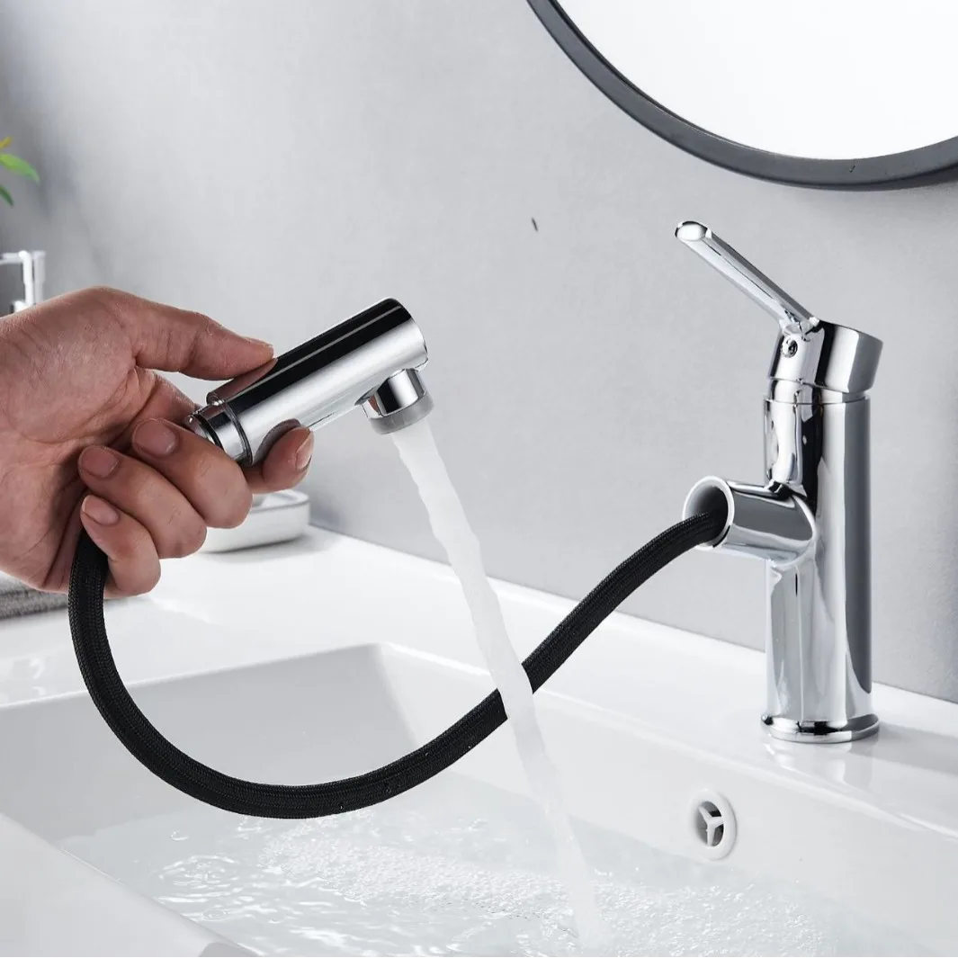 

Pull-out Bathroom Basin Faucet Deck Mounted Hot and Cold Water Mixer Water Tap Single Hole for Bathroom Sinks Taps