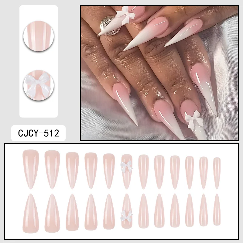 24-delige lange puntige gradiënt Franse vlinder nepnagels set ABS materiaal patroon voor vingerpers op nagels
