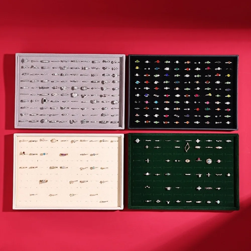 100 Slot Rings Display Organizer Stackable Flat Bottom Jewelry Display Tray Wear-resistant Anti-slip Wood Velvet Jewelry Pallet