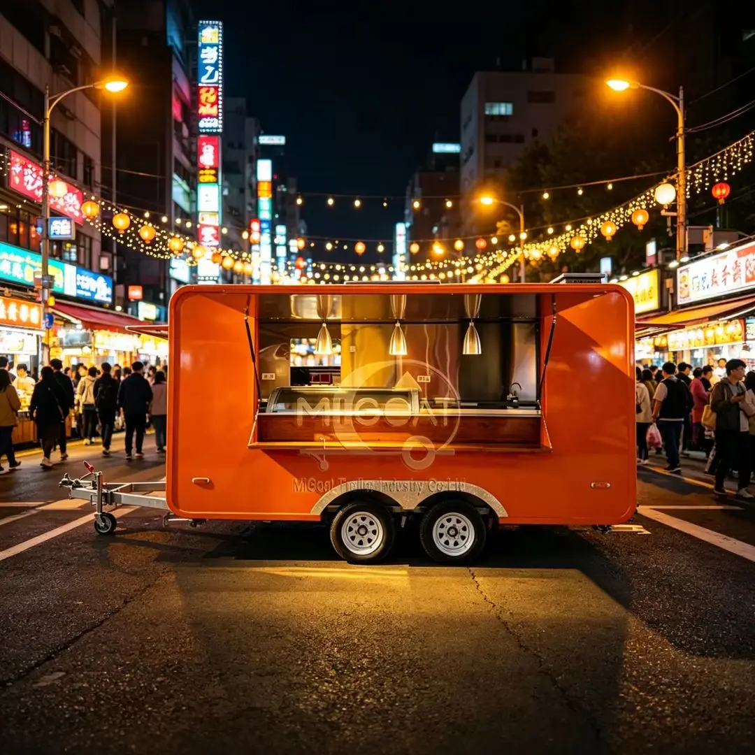 

Orange 2-Axle Mobile Food Trailer Dual Service Windows Commercial Food Truck for Fast Food Street Vending