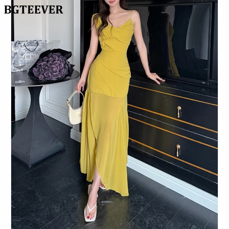 

BGTEEVER Elegant V-neck Slim Waist Split Ladies Spaghetti Strap Package Hip Dress Spring Summer Stylish Women Sleeveless Dress