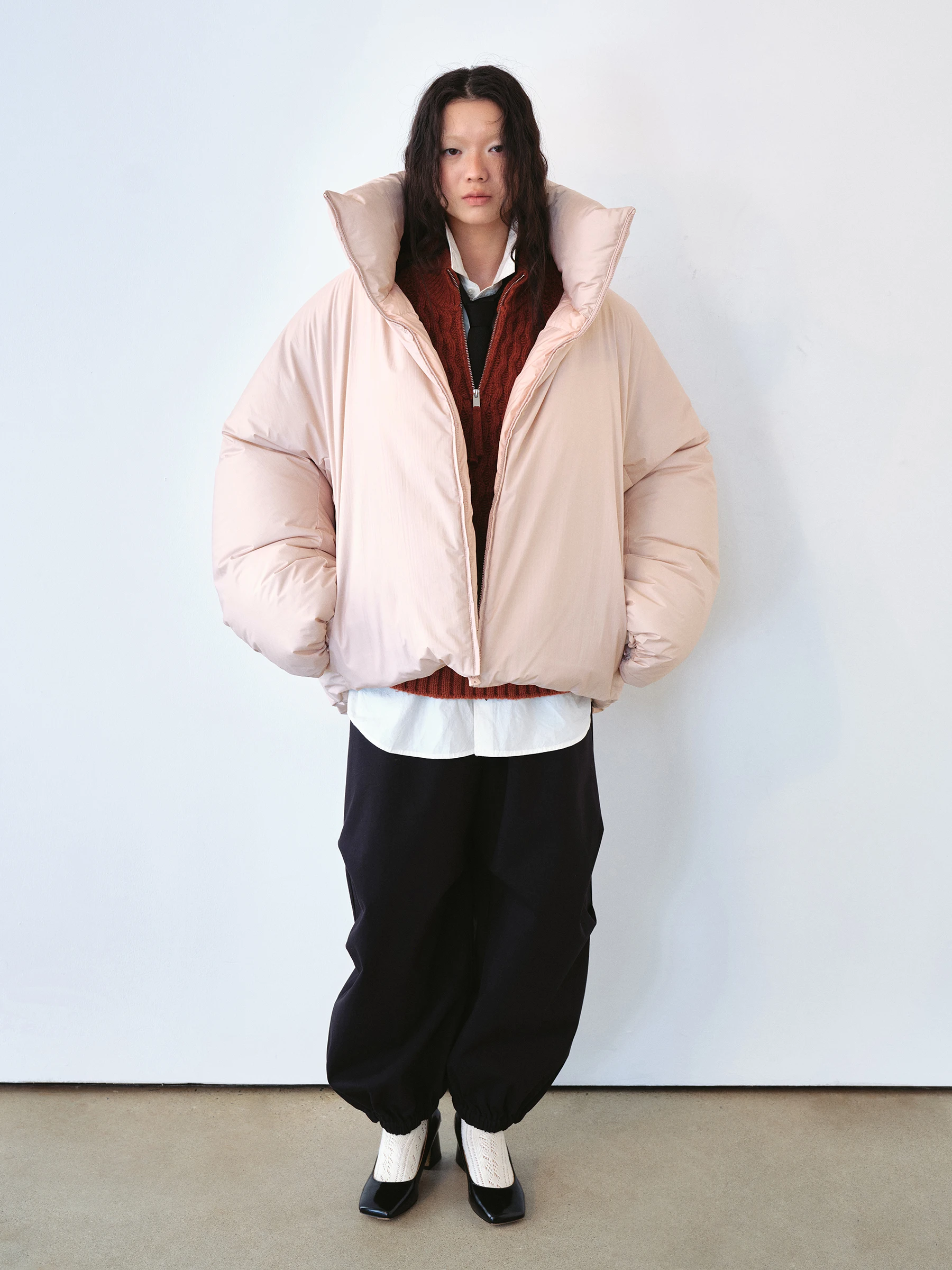 VERMO X RRR Warm Lightweight Inflatable Feather Jacket Coat with Chimney Collar Red Color Neutral Style Eco-Friendly Nylon