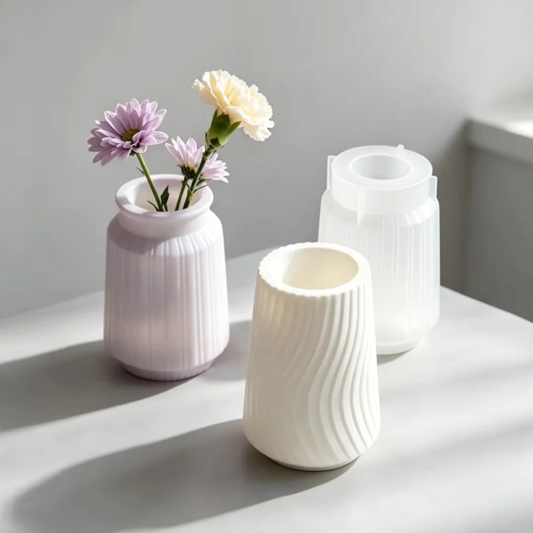 Ribbed Vase Silicone Mold For Concrete Straight Wavy Striped Vase Home Decor Resin Planter Flower Pots Easy Demold