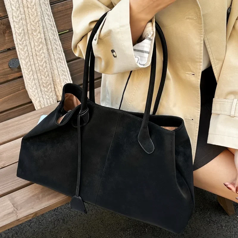 French Retro Frosted Tote Bag Elegant Solid Color Large Capacity Zipper Shoulder Bag Casual Handbag Spring  Autumn Atmosphere