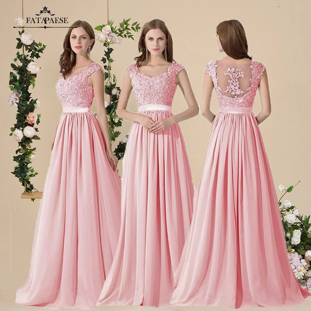 BABYONLINE A Line Pink Bridesmaid Dresses for Beads Sequin Chiffon Wedding Party Long Illusion Back Prom Gowns robe soirรฉe