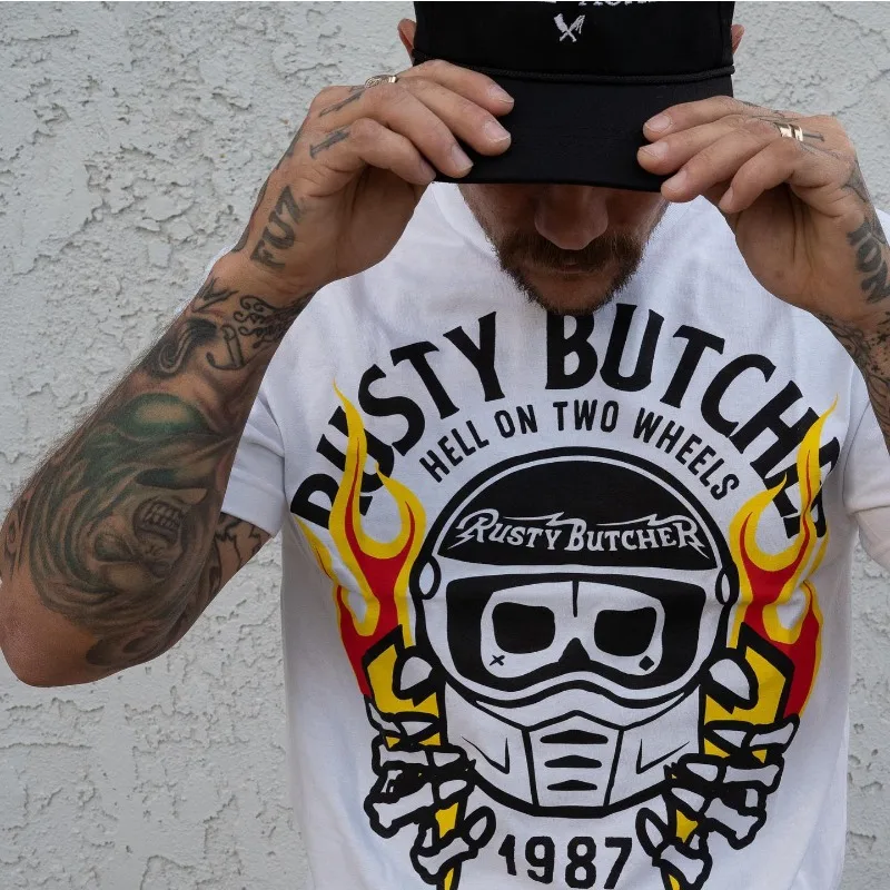 

2025 Harley T-shirt RustyButcher Biker American Vintage Ride West Coast Short Sleeve Grab Lightning Trend Cotton T-shirt