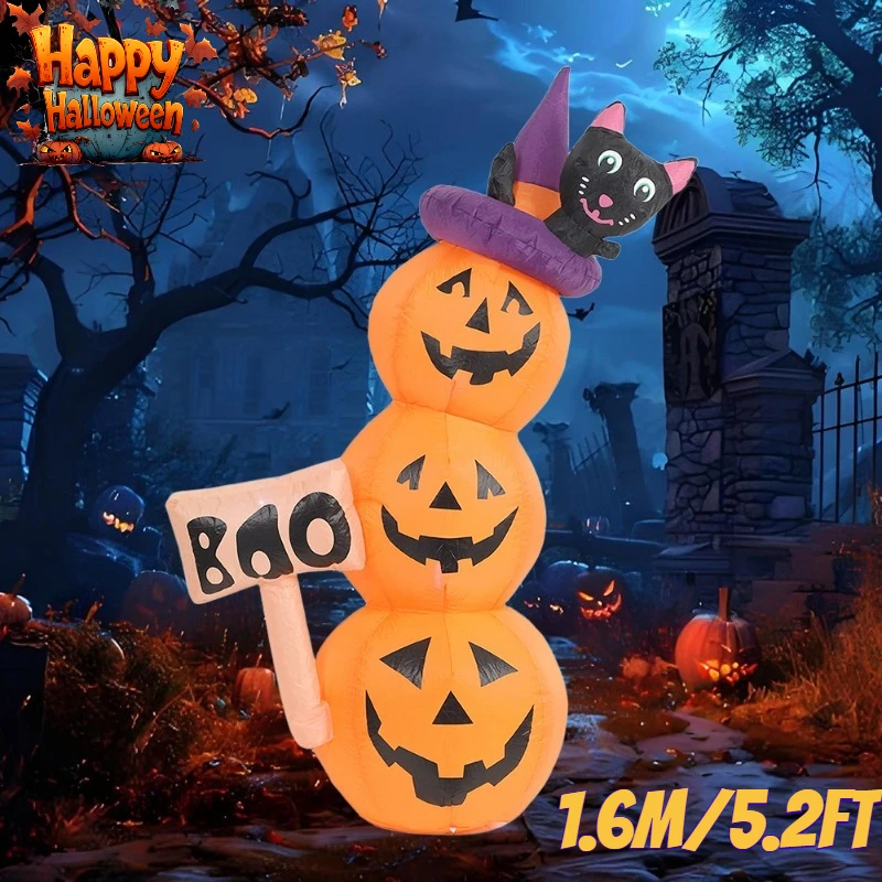 1.6M/5.2FT Giocattoli gonfiabili di Halloween Torre di zucca con decorazioni per gatti Modello gonfiabile per interni ed esterni per feste con luci a LED