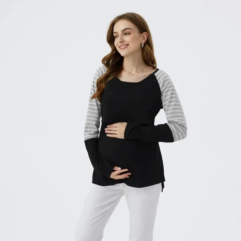 تي شيرت نسائي حامل جديد ناعم ومريح مخطط بأكمام طويلة مع رقبة دائرية وقميص مريح للرضاعة #2