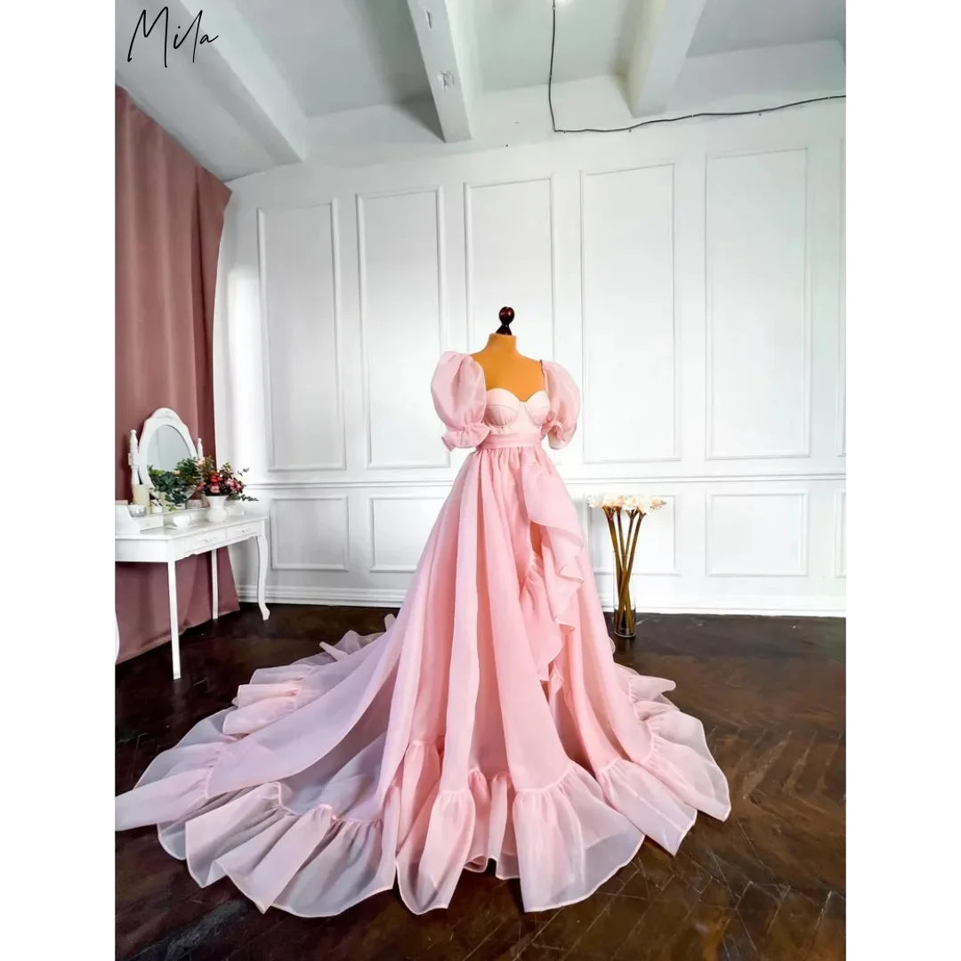 Mila Puff Sleeve Prom Dresses Princess Customized A-Line Luxurious Pink Evening  Dresses Cathedral Train vestidos de fiesta 2025