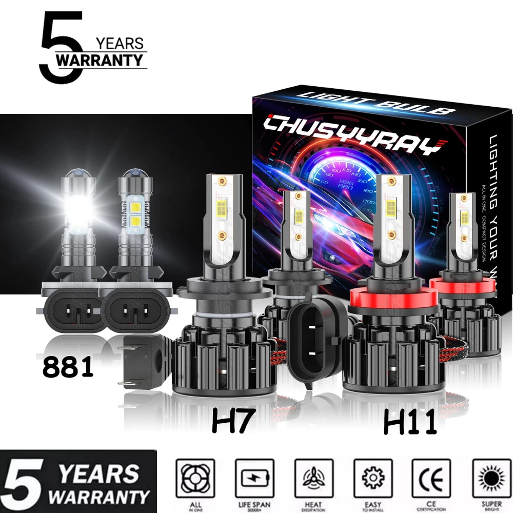 

6x Canbus H7 H11 881 LED Headlight Kit For Hyundai Elantra 2013-2018 1:1 Same Size 6000K 100000LM Hi/Lo Beam+Fog Lamp Bulb Combo