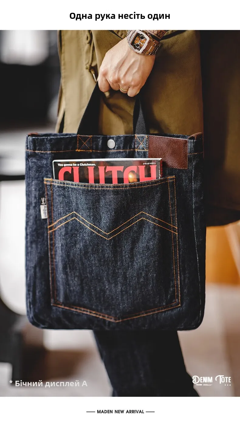 Workwear American Retro Denim Single oulder Crossbody Bag Embroidered Large Capaci Handheld Tablet Tote bag for Men Bolsa hombre