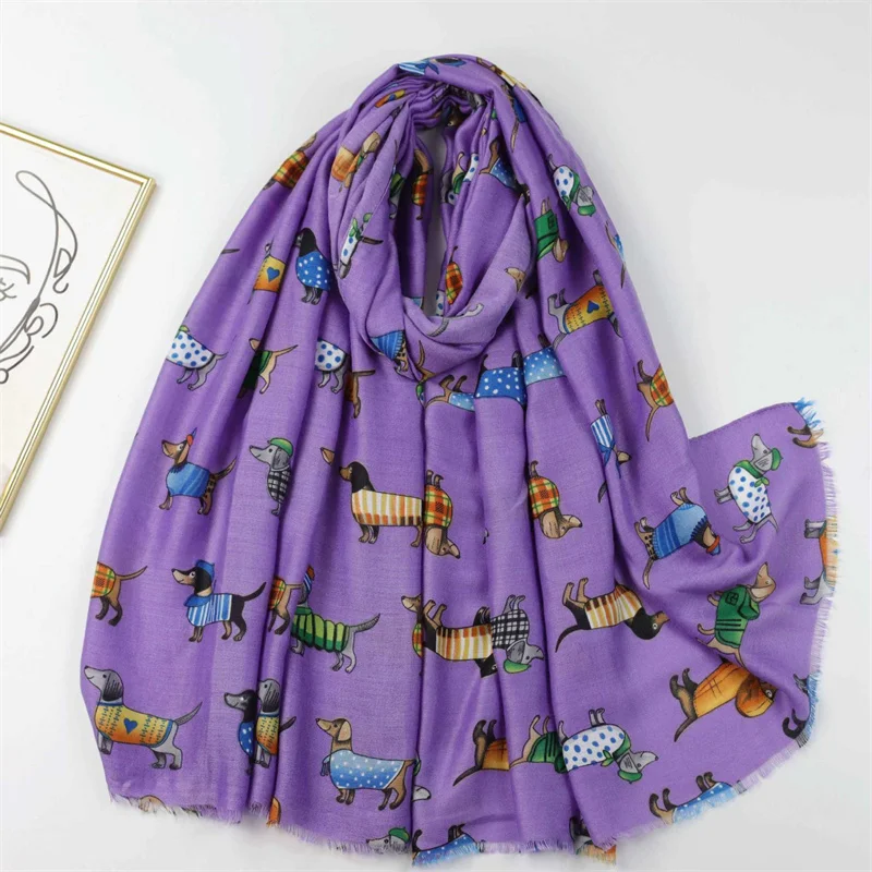 Cute Cartoon Dachshund Pattern Scarf Twill Thin Breathable Fringe Shawl Casual Travel Inelastic Outerwear Long Shawl 180*90Cm