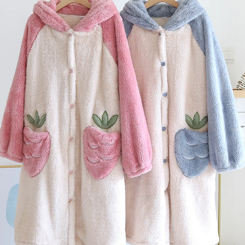 

Cartoon Cute Nightgown Women Rabbit Ears Strawberry Flannel Long Robe Winter Warm Nightwear Nightdress Loose Casual Home Clothes