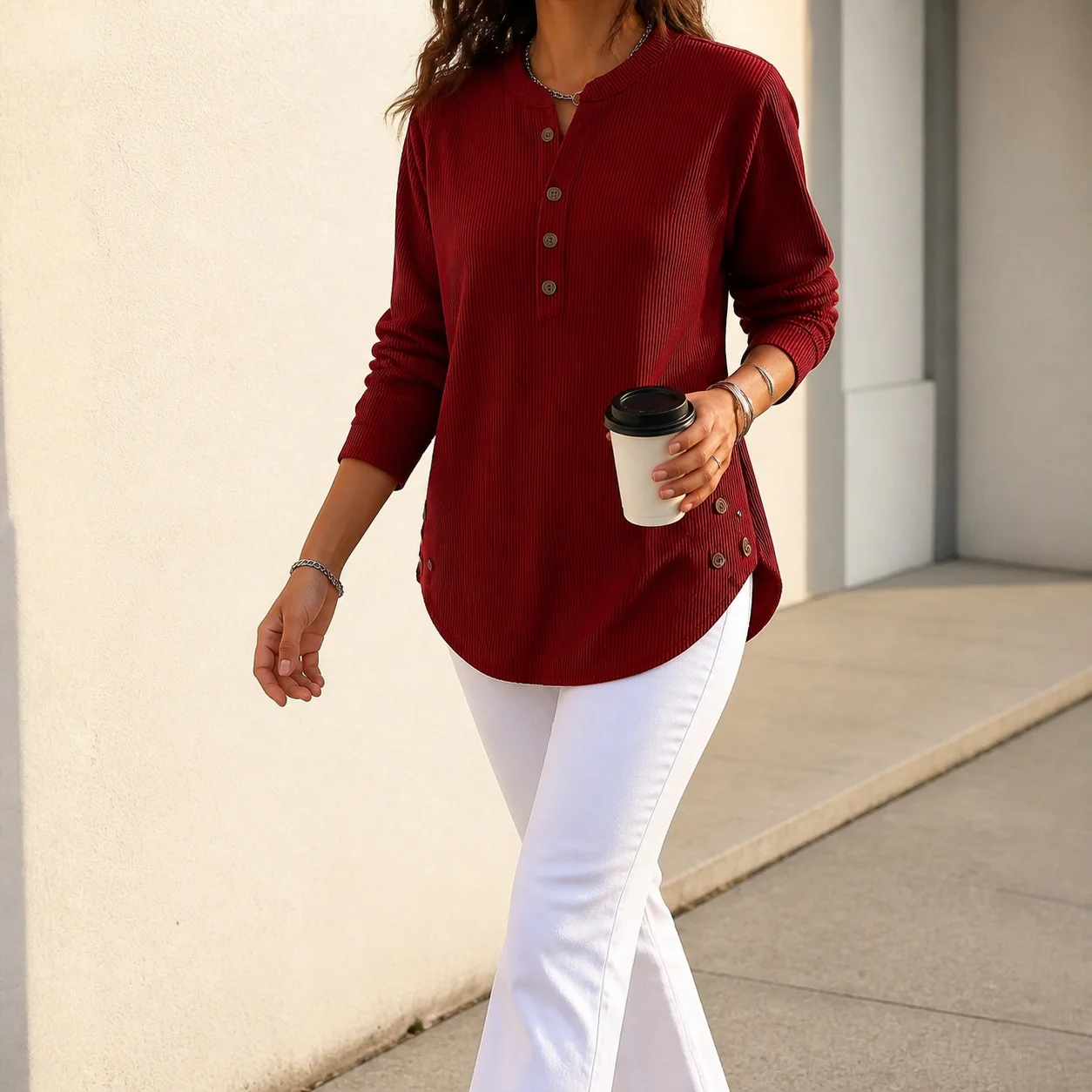 Long Sleeve Loose Fit Top Mid Length Commuter Style with 3D Effect Pattern Regular Sleeve Patchwork Autumn Round Neck Women Top