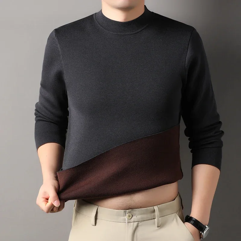 Luxury double-sided contrasting color men's wool sweater semi-turtleneck anti-pilling mulberry silk machine washable sweater