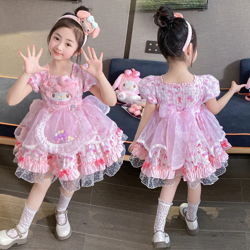 2024 Cosplay Sanrio Mymelody Pink Princess Dress Children Birthday Party Costume Summer Lolita Puffy Skirt Dress Suit Girls Gift