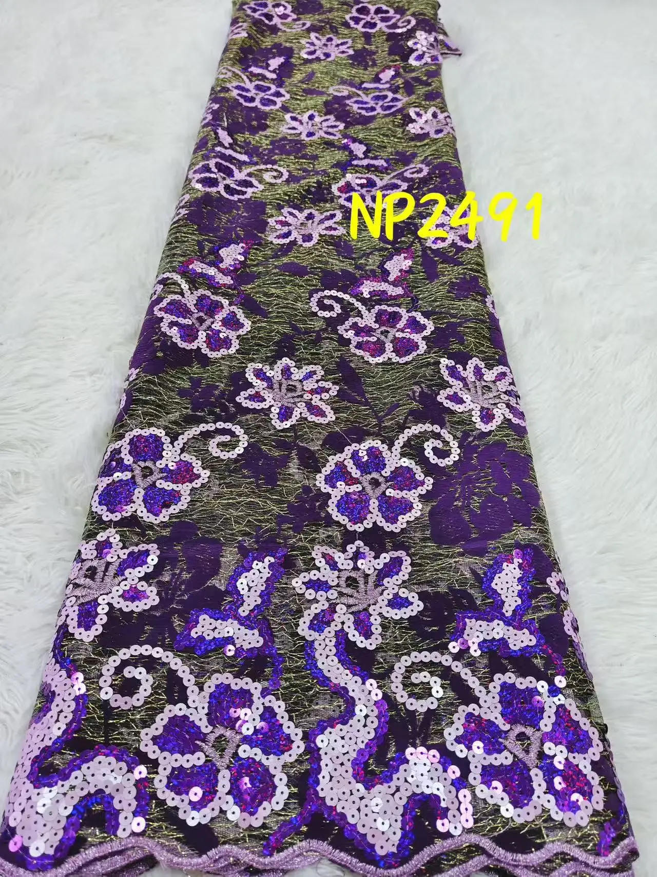 African Lace 2026 Luxury High Quality Dubai Sequence Mesh Material Purple Bridal Beaded Lace Fabric For Wedding Dresses Hm217-1