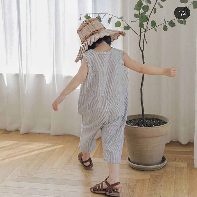 Baby Boys Girls Overall Sleeveless Linen Cotton Stripe 1-6 Yrs Kids Casual Jumpsuits Overall Korean Style For Summer