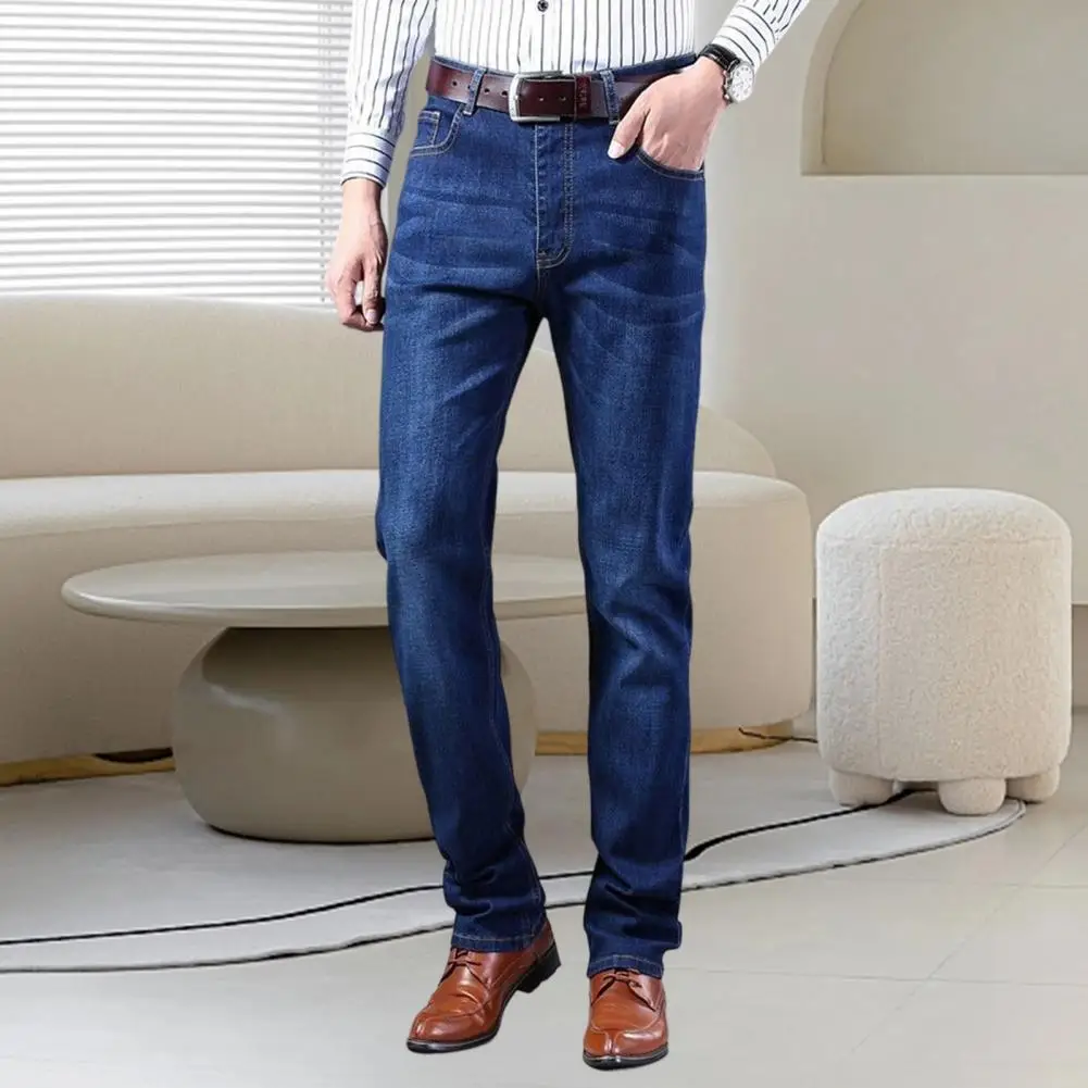 Men Jeans Straight Elastic Mid Waist Men Pants Solid Color Mid Waist Summer Jeans Breathable Pockets Denim Long Trousers