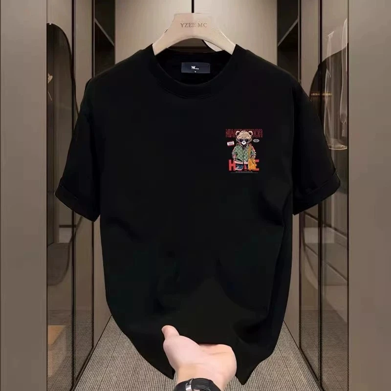 Men's Cotton Fitted T-shirts 5XL Black T Shirt for Men Casual Summer Wear Anime Bear Letter Print Tee Shirts White Men Clothing