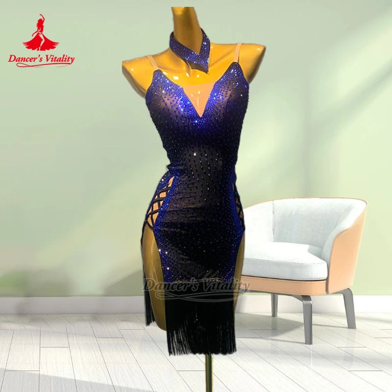 Female Chacha Samba Sleeveless Wrapped Hips Dresses Customized Dancer's Vitality Adult Latin Dance V-neck Professional Clothing
