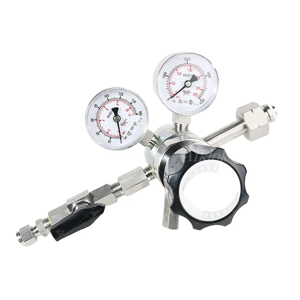 Inlet 4000psi Outlet 160psi ตัวควบคุมความดันสําหรับฮีเลียมออกซิเจนอาร์กอน Co2 พร้อมบอลวาล์วและ DIN477 กระบอกตัวเชื่อมต่อ