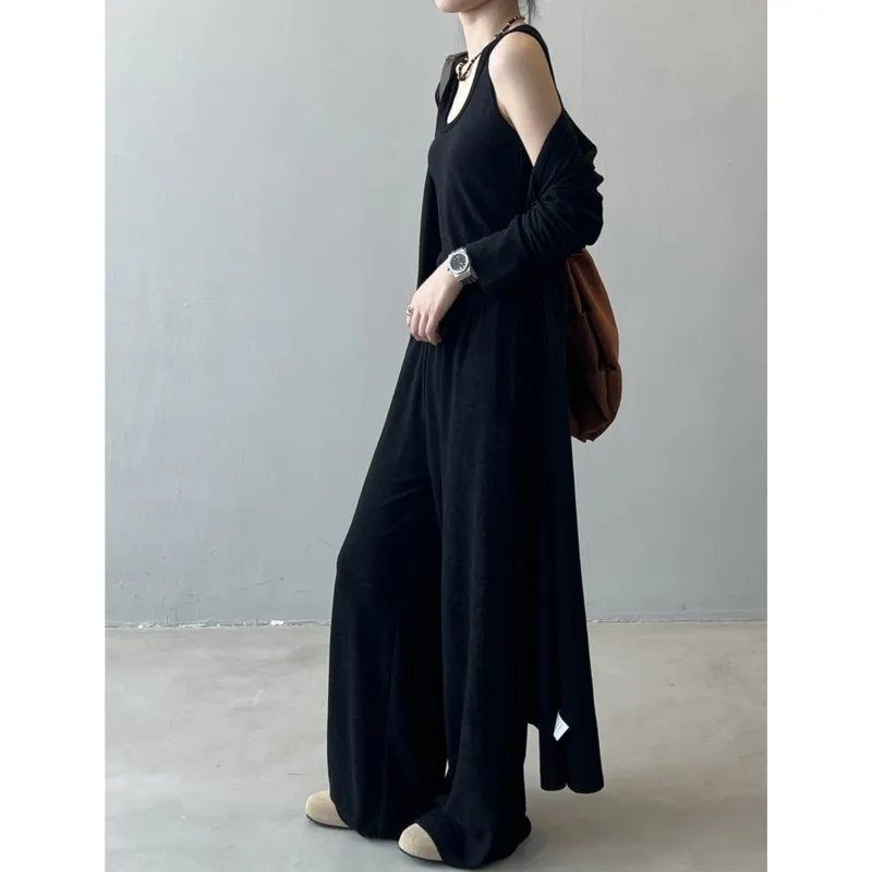 مجموعة جوهنيتشر كسول غير رسمية مكونة من ثلاث قطع سترة نسائية طويلة جديدة مع حمالة بنطال واسع الساق تحت مجموعات نسائية غير رسمية