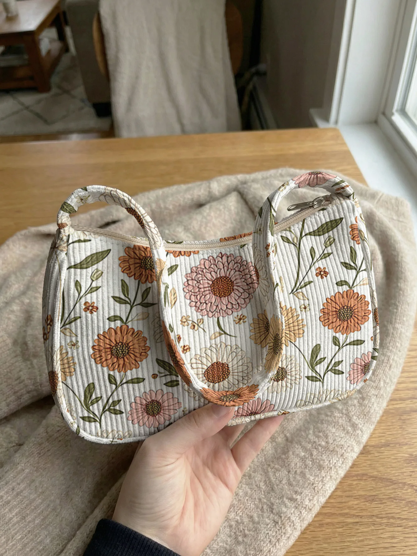 Trendy Boho Floral Print Shoulder Bag, Corduroy Underarm Bag for Daily Casual Use