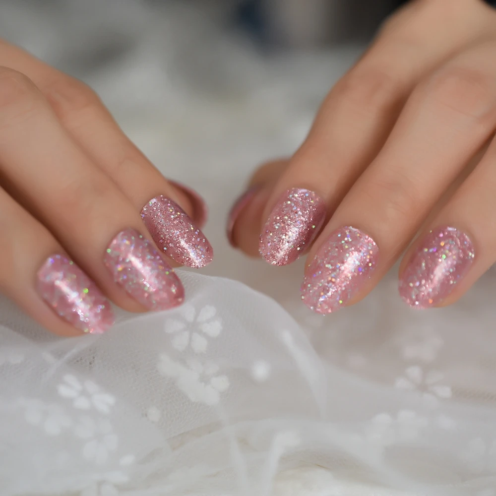 Press On Nail Tips With Full Pink Glitter Short Oval Fingernails Reusable Creative Comfortable For Every Events