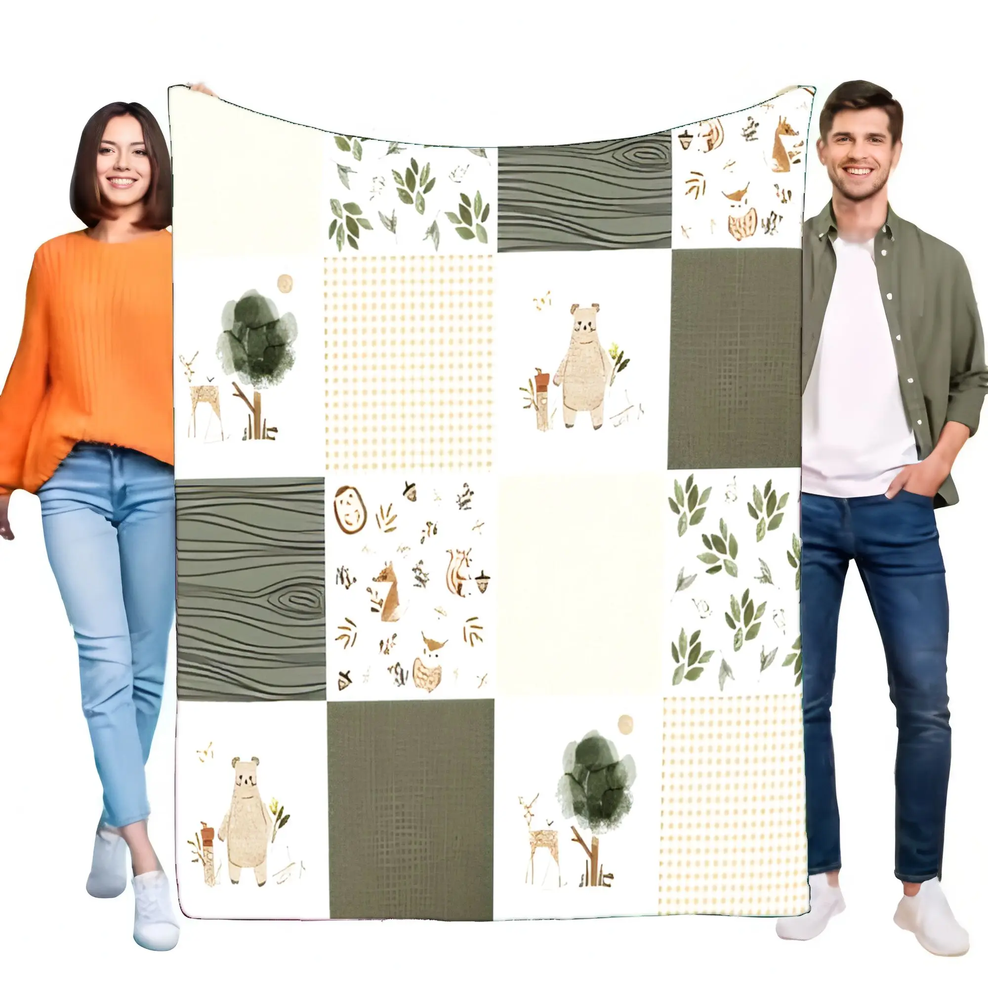 Soft Cozy Lightweight Plush Woodland Animals Patchwork Throw Blanket for Kids Baby Nursery Bed Sofa Home Decor Birthday Gifts