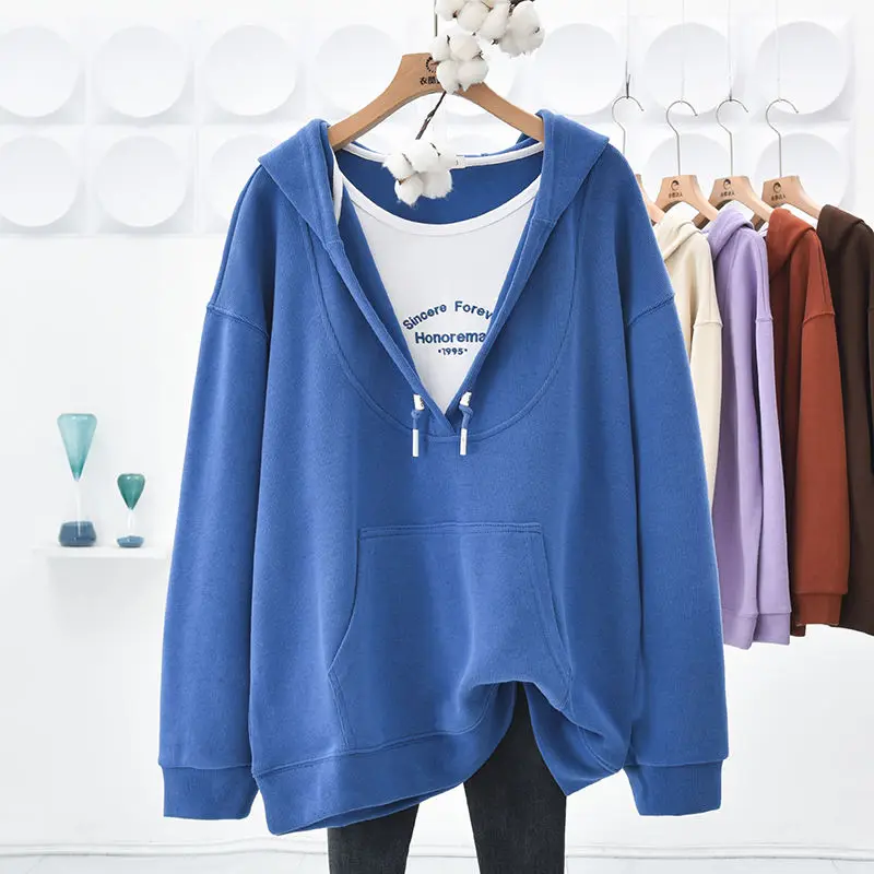 

2023 New Spring and Autumn Fashion V-neck Spliced Fake Two Piece Kangaroo Pocket Thin Loose Relaxed Women's Hooded Sweater