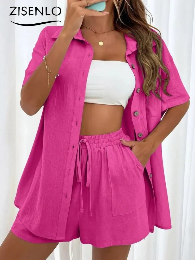 Women's Suit Summer Fashion Solid Color Short Sleeved Single Breasted Shirt & Shorts Set Cheap Elegant Loose Short Pant Sets