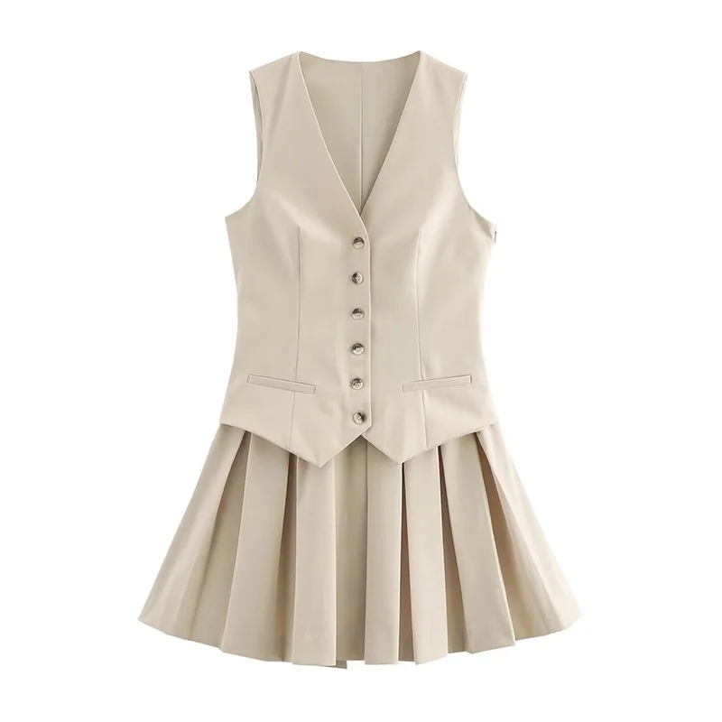 Alle Seizoen V-hals Mouwloos Vest Stijl Brede Geplooide Mini Jurk Vrouwen Voorste Knop Jurk Vrouwelijke Casual All-Match Wear 2025 Nieuwe