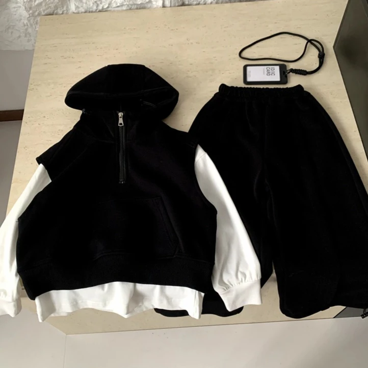 Boys' Set  Spring And Summer Childrens Wear Korean Style Boys And Girls Sports Hoodie Vest T-shirt Trousers Three-piece Set
