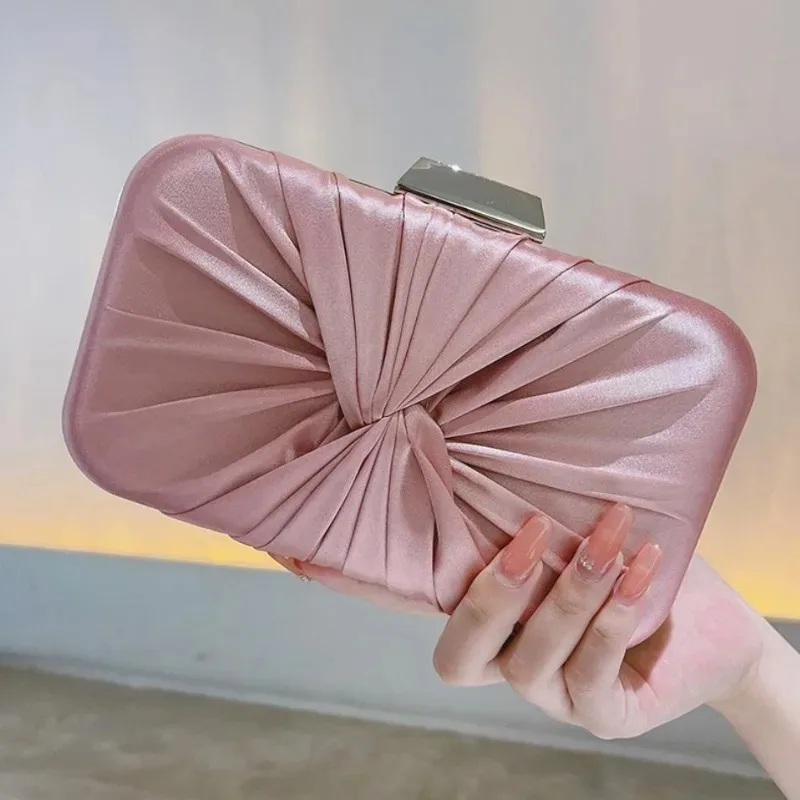 Classic Wedding Evening Bags Women Elegant Formal Party Glossy Silver Satin Clutch Knot Handbags Ladies Crossbody Chain Purse