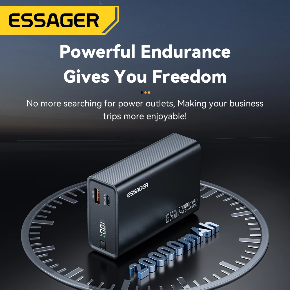 Essager Power Bank 20000mAh Portable PD 65W Fast Charging  Mobile Phone External Battery Powerbank For Phone Laptop Tablet Mac