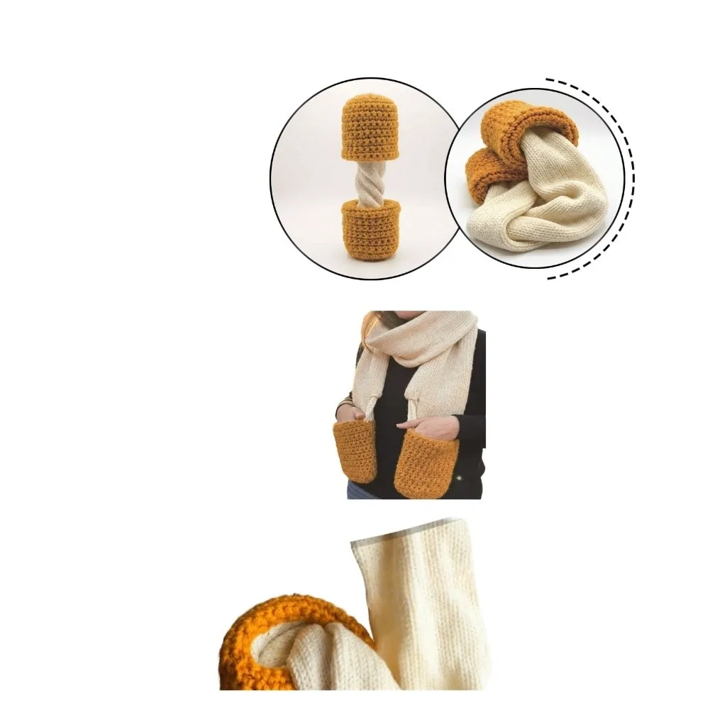 

Knitted Plush Scarf Winter Warm Pocket Wrap Gloves Combination Lightweight Beige Yellow Mozzarella Cheese Style
