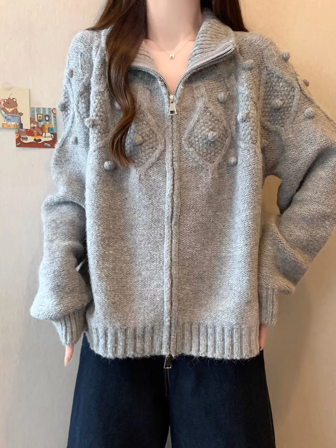 

Женский вязаный кардиган-свитер, удлиненный, с отложным воротником, больших размеров, осенне-зимний, модный, стройнящий, на молнии