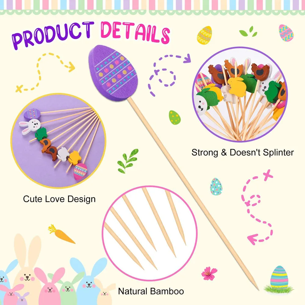 100pcs Easter Disposable Food Fork Bamboo Skewers Rabbit Easter Eggs Fruit Sticks Sandwich Buffet Stick Easter 2024 Decoration
