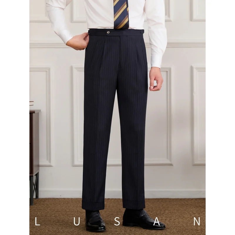 

Mr. Lu San Mature High Waist Naples Straight Striped Trousers British Business Wrinkle-Resistant Casual Pants Trendy Men